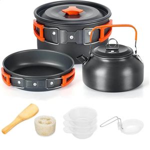 Алюминиевый набор посуды для кемпинга на открытом воздухе с сетчатой сумкой, складной кухонный набор, кухонное оборудование для приготовления чая и сковородок 240306