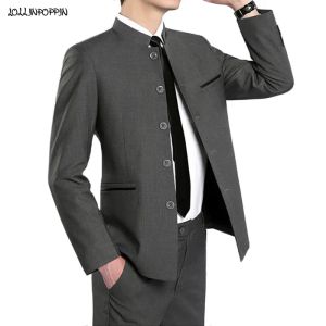 Suits Men Tunic Suits Mandarin Stand Collar Chinese Style Single Breasted Solid Color Wedding Jacket Including Trousers Gray / Black