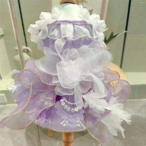 Hundkläder Fashion Luxury Purple Lace Bow Pompon kjolar Pet Puppy Clothes Summer Handgjorda Sling Princess Dress for Small Medium