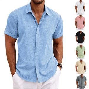 Camisas casuais masculinas algodão e linho cor sólida manga curta stand up colarinho designer masculino t para manga