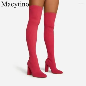 Boots Stretch Knit Autumn Winter Punk Style Elastic Shoes Woman Sock Riding Black Red Over The Knee High Heels