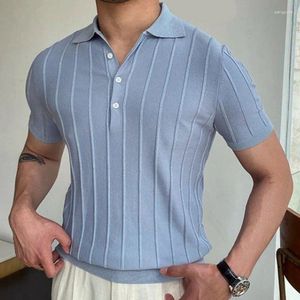 Men's Polos Spring Summer Knit Polo Shirt Men Casual Turn-down Collar Bussiness Fashion Striped Solid Slim Tops Ice Silk Cotton T-shirt