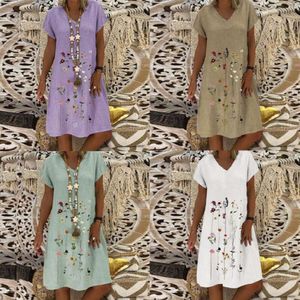 여름 새로운 패션 자수 면화 통기성 땀 흡수 짧은 소매 v 넥 드레스 크기 8
