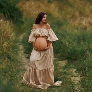 Womens Boho Twopieces Set Moderskapsklänningar för PO -skjut Bekväm linne Bomullsvintage topp och kjol graviditetskläder 240309