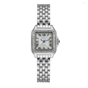 Wristwatches Luxury Full Diamond Women's Brand Square Roman Quartz Fashion Silver Stainless Steel Clocks Business Gift Watches