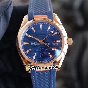 41mm Date Aqua Terra 150m 220 52 41 21 03 001 Automatic Mens Watch Blue Texture Dial And Hands Rose Gold Case Rubber Strap Gent Wa250U