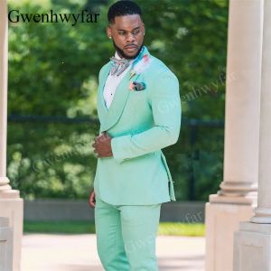 Suits Gwenhwyfar 2 Pieces Mint Green Men Suits For Wedding 2021 Custom Made Classic Shawl Lapel Prom Suits Groomsmen Groom Mens Tuxedo