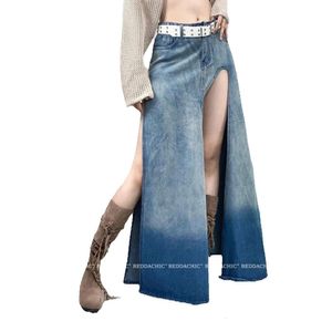 Spódnice Reddachic High Taist Podzielki udo kobiety Dżinsowa spódnica otwarte nogi Maxi Long Jean Floor Casual Blue Summer Acubi Fashion GG