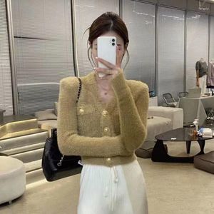 Women's Knits Fashion Mink Cashmere Cardigan Women Vintage Button Cropped Knitted Sweater Autumn V-neck Solid Elegant Pink