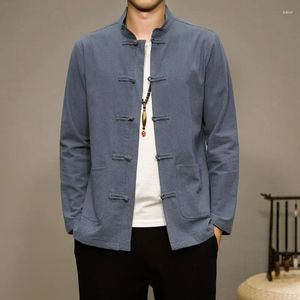 Mäns casual skjortor 2024 Våren och hösten kinesisk stil linne står upp halsen Loose Long Sleeved Shirt Pan Button Hanfu Cotton