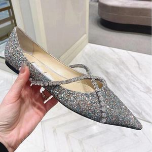 Casual Shoes Women's Single 2024 British Style Spring and Autumn Pointed Rhinestone Chain Flat Bottomed Shallow Cut