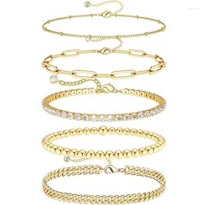 Charm Bracelets 14K Real Gold Plated Titanium Sets Cute Tennis Beaded Cuban Link Paperclip Chain Bracelet Pack Gifts For Women Girls