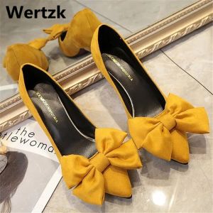 Boots Wertzk 2019 New Pointedtoe Suede Bow Women Shoes Slipon Shallow Lowheels Pump Fashion Sheos Woman E057