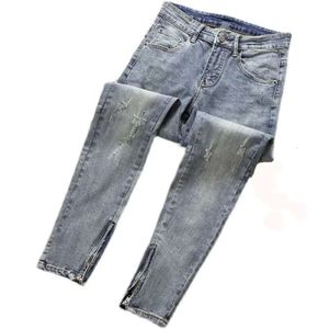 Distressed-Jeans, Slim-Fit-Jeans für Herren, trendiger Reißverschluss-Schlitz, elastische Freizeithose für den Jugendherbst mit kleinem Fuß