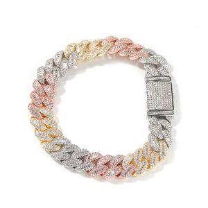 Hip Hop Placcato in oro reale 12mm Multi colore Cubic Zirconia Bracciale a catena cubana Moda 2 toni Cz Pietra Mens Catene barbazzale Collana Bling Gemstone Rap Gioielli Bijoux Collare