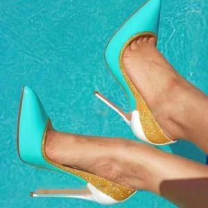 Dress Shoes Gold Glitter Patchwork Pointed Toe Mint Blue Leather 12cm Stiletto Heels Pumps Shallow Celebrating