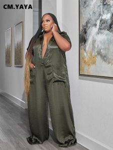 Bottoms cm.yaya elegant Plus Size Women Curve Satin Kurzarm Tiefes VNECK mit Taschenlöser Jumpsuit