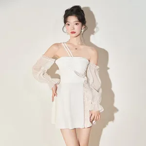 Women's Swimwear South Korea Fashion Conservative Skirt Style One Piece Small Chest Casual Coverup Show Thin Spring Suit
