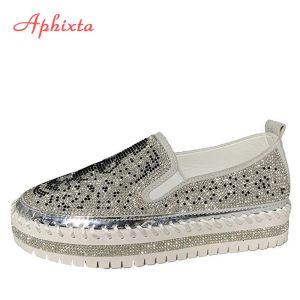 Skor Aphixta Women Flats Crystal Ladies Glitter Bling Loafers Flat Platform Fashion Woman Moccasins Female Shoes Big Size 42 43