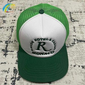 Green Mesh Patchwork Rhude Baseball Cap Men Women 1 1 علامات التطريز عالي الجودة في الهواء الطلق في الهواء الطلق.