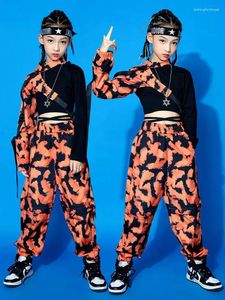 Bühnenkleidung Mädchen Jazz Dance Kostüm Einärmeliges Leopard Orange Camouflage Outfits Kpop Konzert Show Kleidung Kinder Hip Hop Kleidung DNV17005