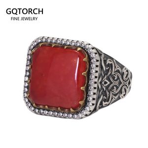 Natural Red Green Jade Ring 925 Silver for Men and Women Antique Flower Pattern Square Shape Signet Fine Jewelry 240305