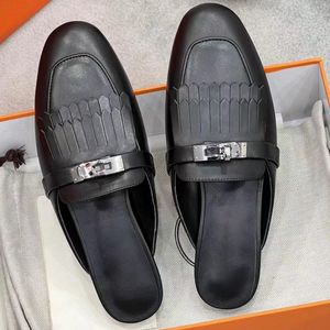 Top Famous Designer Women Cool Slippers Metal Buckle Tassel Baotou Flat Leather Half Slippers Pure Leather Highest Quality outside towing Size 35-42