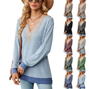 Kvinnors T-skjortor Autumn/Winter spets V-Neck Kontrast Split Loose Long Sleeved T-shirt Top for Women
