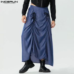 Dresses 2023 Men Skirts Drawstring Elastic Waist Loose Lace Up Fashion Skirts Streetwear Solid Color Casual Men Bottoms S5XL INCERUN