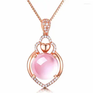 Pendant Necklaces Korean Style Original 925 Sterling Silver Necklace For Women Sparkling Pink Crystal Heart Shaped Jewelry Gift