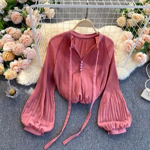 Women's Blouses Chiffon Long Sleeve Shirt For Women Korean Spring Aummer Pleated Lantern Loose Versatile Candy Color Top