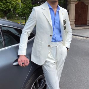 Passar ny sommar seersucker kostym män italiensk stil brittisk smal fit casual vit kostym trendig man röker homme mariage män smoking