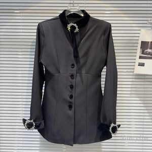 Garnitury damskie 2024 Spring elegancki czarny blezer klasyczny styl towarzyski jedwabny rhinestone jedwabny płaszcz z garniturem biznesowym