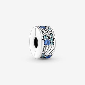 Tropisk sjöstjärna Shell Clip Charm Pandoras 100% 925 Sterling Silver Charms Set Snake Chain Armband Making Blue Crystal Clips Girl Gift med Original Box