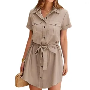 Casual Dresses Solid Color Shirt Dress Stylish Women's Button Down With Belted Pocket V Neck krage Korta ärmar för henne