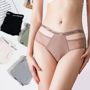 Calcinha feminina 3 letras oco transparente sexy roupa interior senhoras gelo seda meados de cintura meninas moda puro algodão arquivo esportes