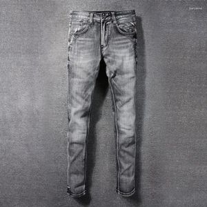 Mäns jeans modedesigner män hög kvalitet retro mörkgrå stretch smal fit rippad vintage denim byxor hombre