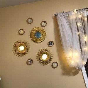 Espelhos dourados para decoração de parede, conjunto de 3 ornamentos suspensos, artesanato, suprimentos para casa, quarto, banheiro, decoração de espelho de parede 240314