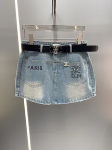 Mode denim shorts med läderbälte kvinnor 2024 sommar hög midja paljett mager korta jeans för kvinna