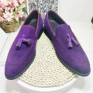 HBP Небрендовые дополнительные размеры 38-486,5-14 фиолетового цвета, прочные модные замшевые классические мужские лоферы без шнуровки с кисточками, модельные туфли