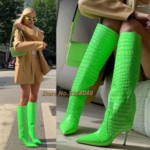 Boots Green Knee High Crocodile Pattern Fashion European Custom Made Dress Women Runway Stiletto Heel Pointy Toe Boot