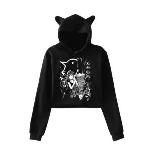 십대 소녀 스트리트웨어 힙합 kawaii 고양이 귀하라 주쿠 자른 스웨트 풀 오버 탑을위한 Oyasumi Punpun 크롭 탑 까마귀 상단 까마귀