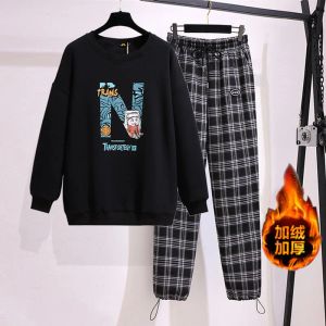 Setler 150kg Artı Boy Boyu Kadınlar Kış Polar Sweatshirt Ekose Pantolon Takım Kuruş 157cm 6xl 7xl 8xl 9xl 10xl gevşek moda gündelik takım elbise