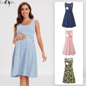 Nursing Dress Striped Baby Shower ammande graviditet Elegant ärmlös Premama Gravida klänningar Vestido Robe Femme 240309