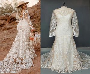 Beach V Neck Destination Wedding Dress Champagne foder spetsrock långa ärmar illusion boho elopement sjöjungfrun brudklänning5870470