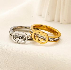 Gold Plated Letter Wedding Designer Brand Jewelry Crystal Design for Women Love Gifts Couple Ring with Box