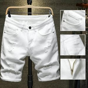 Verão branco preto homens rasgados buraco denim shorts fino casual na altura do joelho curto em linha reta buraco jeans shorts bermuda para homem 240313