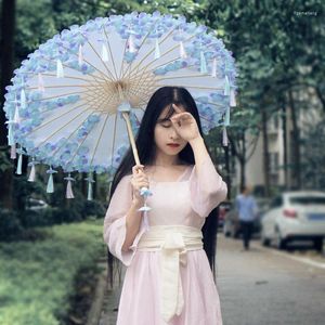 Umbrellas Hanfu Cosplay Animation Tassel Petal Beach Umbrella Props Blue Purple Flower Parasol Paraguas Inverso