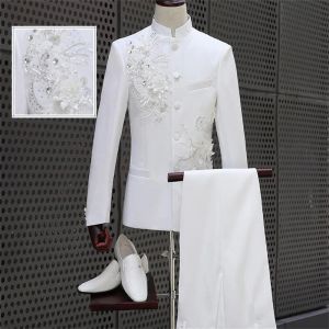 Ternos túnica chinesa terno masculino ternos de casamento para homens blazer meninos baile de formatura ternos de casamento moda masculino mais recente casaco calça designs branco