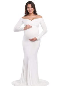 Fall Maternity Elegant Mittad klänning Gravid Po Shoot Clothing Lång ärm V Neck Ruched Slim Fit Maxi Dress 240309
